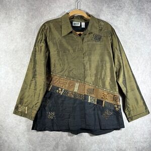Vintage Chico's Design Jacket Size 2 US L Green Silk Beaded Embroidered Art Boho